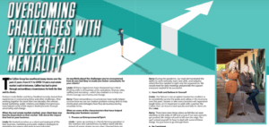 Aqua graphic with woman standing at step with an arrow